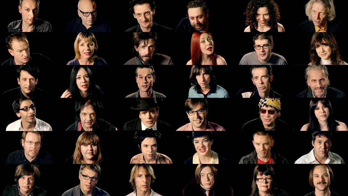 Grid of 36 individual headshot portraits of different musicians and performers.