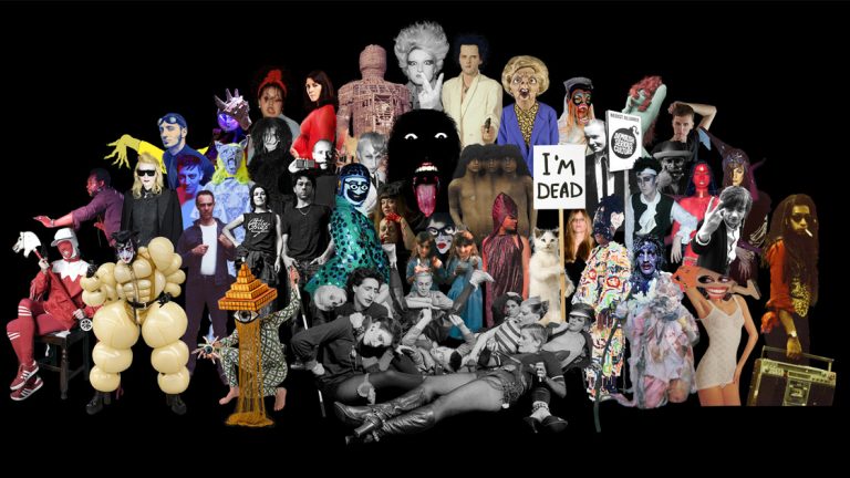 Large collage of dozens of costumed and painted performers in a punk/goth/theatrical scene, including a placard reading "I'm dead" and a boombox.