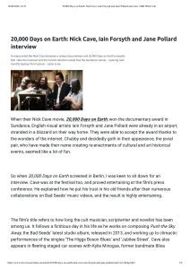SBS: 20,000 Days on Earth — Nick Cave, Iain Forsyth and Jane Pollard interview